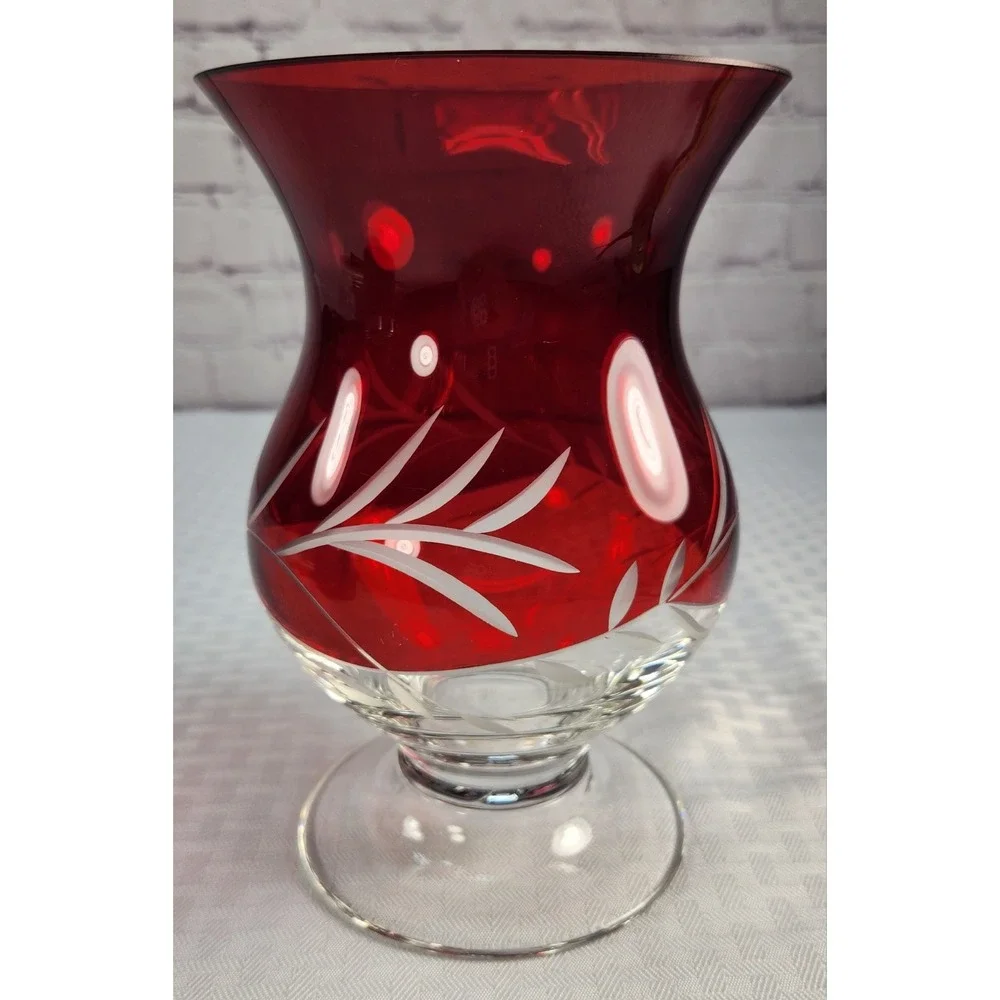 Stunning Lenox Floral Ruby Red Etched Crystal Hurricane Vase / Candle Holder